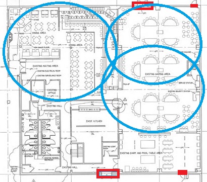 Wireless coverage areas and detectors at doorways.
